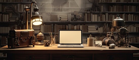 A contemporary designer s workspace featuring a laptop computer and an antique camera with available copy space for additional elements