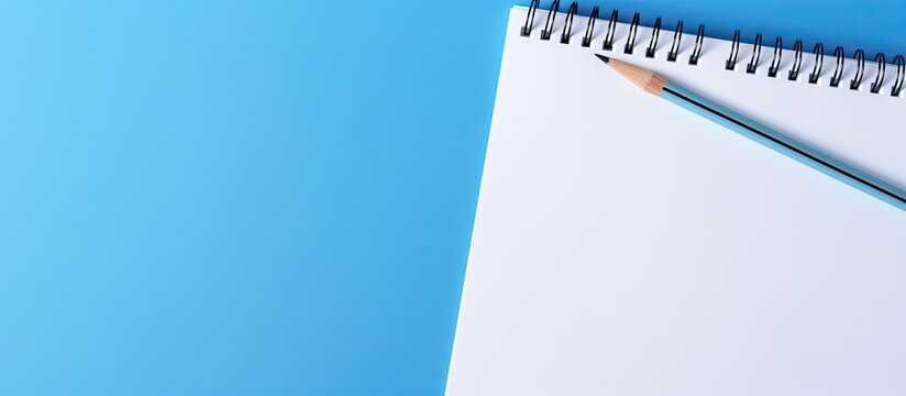 A blank white paper with a pencil placed on top against a blue background offering space for adding text or images. with copy space image. Place for adding text or design