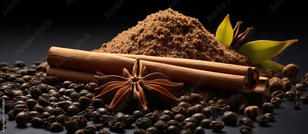 Poster a copy space image featuring a rich heap of brown sugar coffee grounds and a bourbon vanilla pod on 