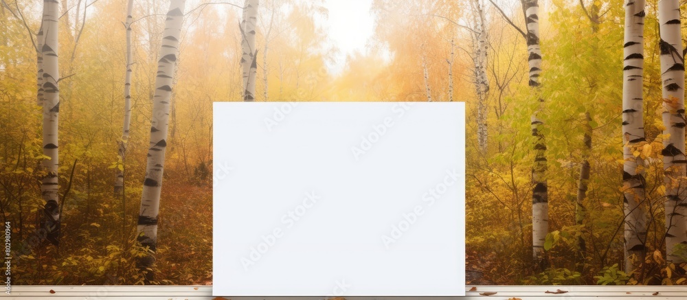 Poster A copy space image of an inscription or advertisement can be placed on a white wooden table set against a background of autumn forest and trees