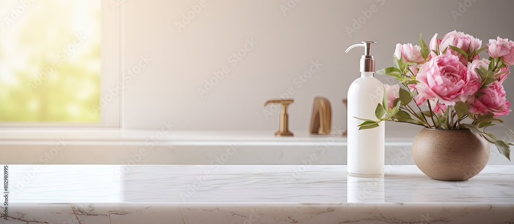Poster A copy space image showing an empty marble top table against a blurred bathroom interior backdrop making it ideal for creating product display montages