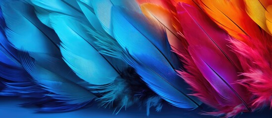Fototapeta premium A blue background provides copy space for the vibrant multi colored feathers