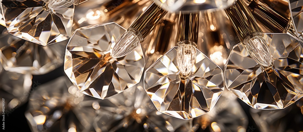 Poster a detailed shot of a modern chandelier s crystal with ample space for copy in the image