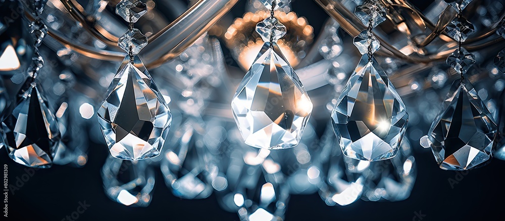 Poster a detailed shot of a modern chandelier s crystal with ample space for copy in the image