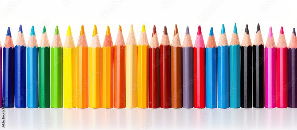 Poster a colorful border of pencils is seen isolated on a white background forming a banner with copy space