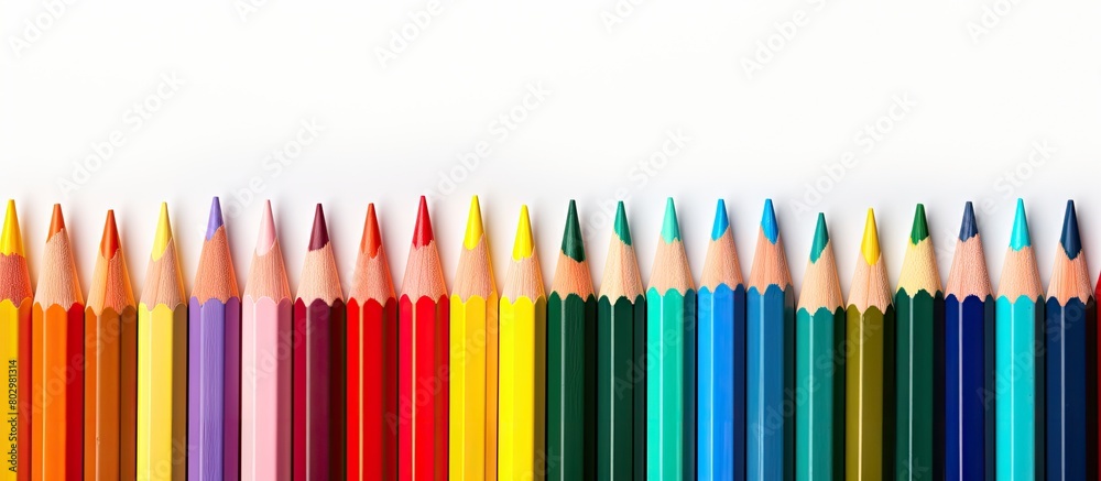 Poster a colorful border of pencils is seen isolated on a white background forming a banner with copy space