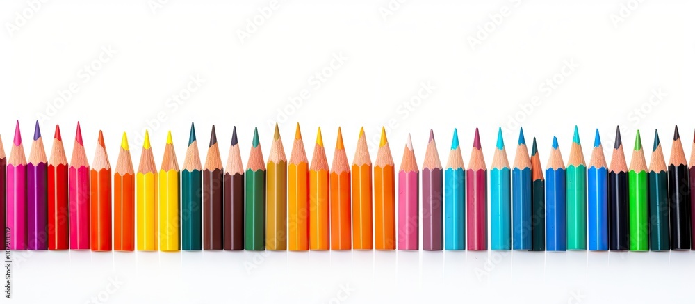 Poster a colorful border of pencils is seen isolated on a white background forming a banner with copy space