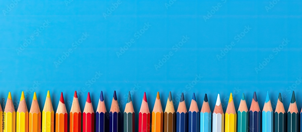 Poster A colorful row of pencils against a blue backdrop with space for copy or images. with copy space image. Place for adding text or design