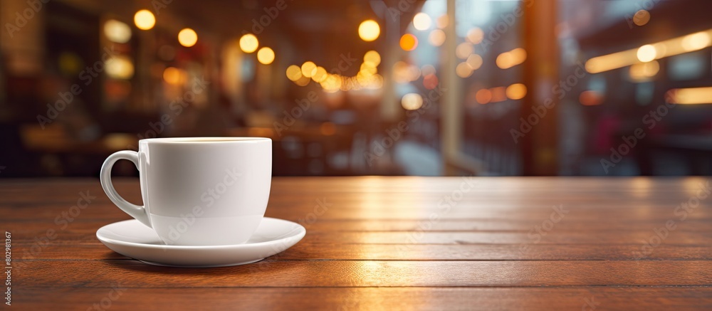 Fototapete A coffee cup with a white color is placed on the table in the background of a lounge bar with empty space for images. with copy space image. Place for adding text or design