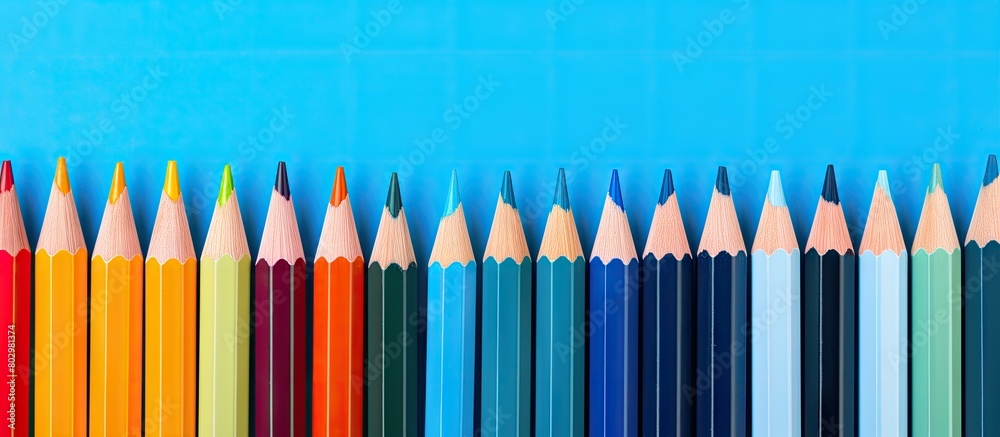 Poster A colorful row of pencils against a blue backdrop with space for copy or images. with copy space image. Place for adding text or design