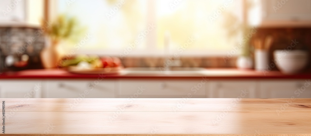 Poster a copy space image showcasing a table top with a blurred kitchen room in the background