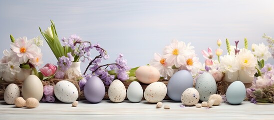 Obraz premium A beautiful Easter themed display featuring eggs rabbits and flowers on a white wooden table The image includes copy space for Easter concepts