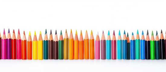 A colorful border of pencils is seen isolated on a white background forming a banner with copy space It features various drawing tools and supplies in multiple hues