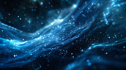 Abstract background with glowing particles, wave lines and bokeh, blue and white light wave background pattern, technology based tech punk art, Abstract background of blue particle wave with star glow