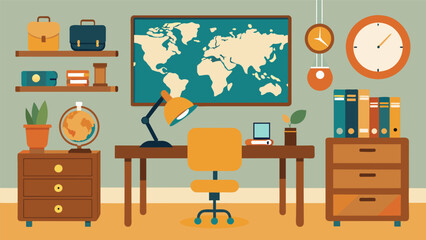 A travelinspired home office decorated with thrifted globes a repurposed suitcase desk and a thrifted vintage map.. Vector illustration