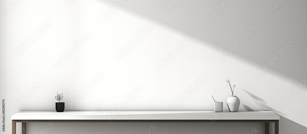 Poster A desk with ample free space and a white wall that casts shadows in the background creating an ideal copy space image