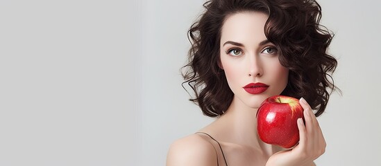 A brunette is holding a close up apple against a white background in a copy space image - Powered by Adobe