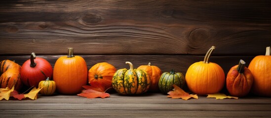 A copy space image featuring autumn leaves and pumpkins arranged on an old wooden background - Powered by Adobe