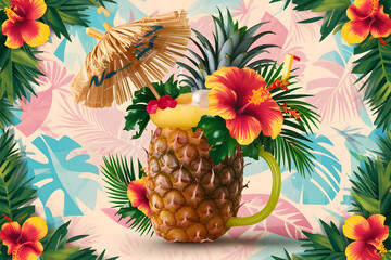 Tropical Pineapple Cocktail with Colorful Hawaiian Background