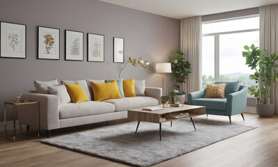 Stylish Modern Living Room with Elegant Blue Sofa and Artistic Wall Decor