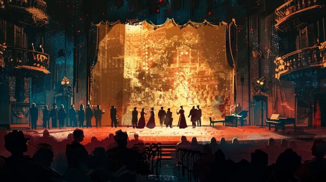 An illustration of a theater with a red curtain and a bright stage with people on it.