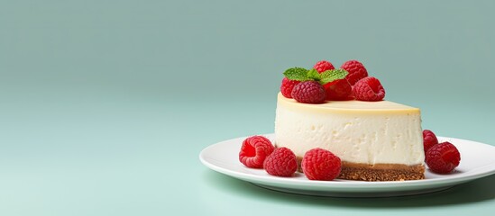 A close up image of a design plate featuring a traditional Italian vanilla cheesecake adorned with...