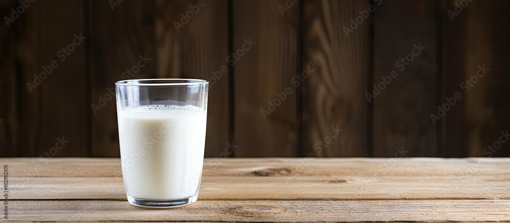 Poster a copy space image of milk placed on a rustic wooden table