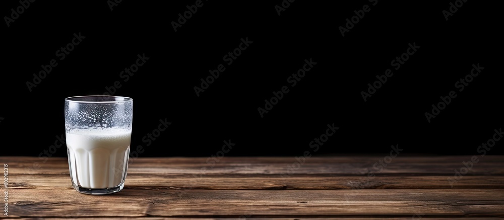 Poster a copy space image of milk placed on a rustic wooden table