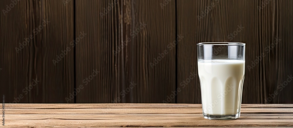 Poster a copy space image of milk placed on a rustic wooden table