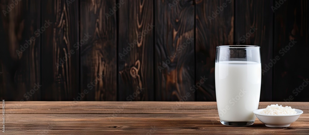 Poster a copy space image of milk placed on a rustic wooden table