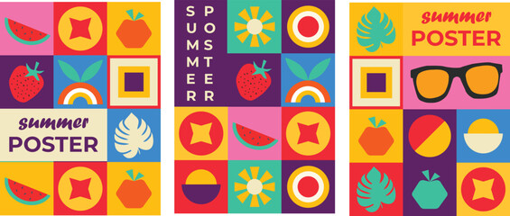 Geometric summer pattern banner set posters vacation and tropical travel simple shapes fruits vector simple flat illustration summer color design element
