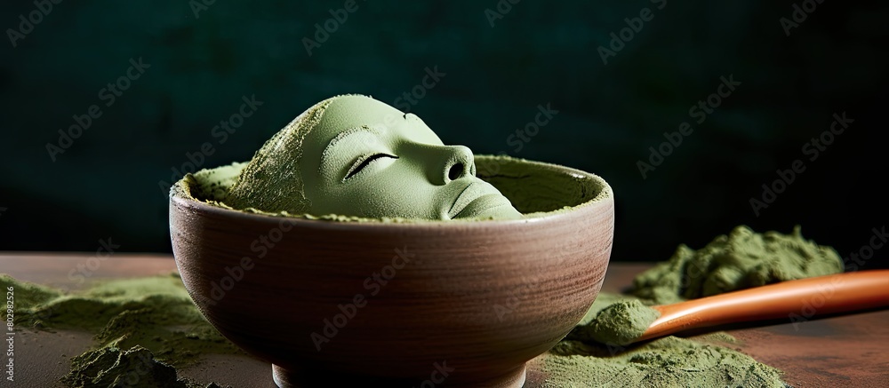 Poster a bowl contains a cosmetic clay face mask it is placed on a green background alongside some dry powd