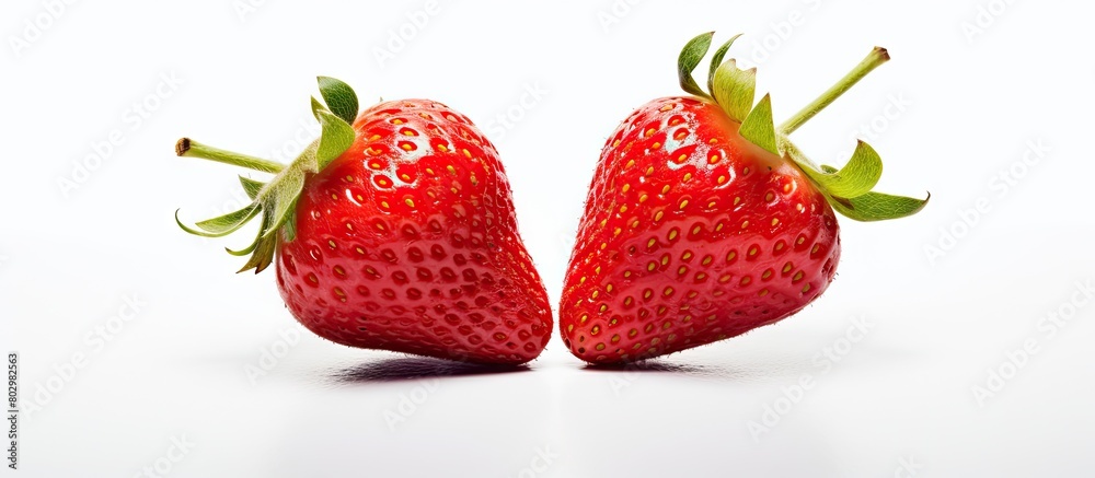 Aufkleber A copy space image featuring seven fresh strawberry fruits each sliced in half is presented on a white background for a clear visual