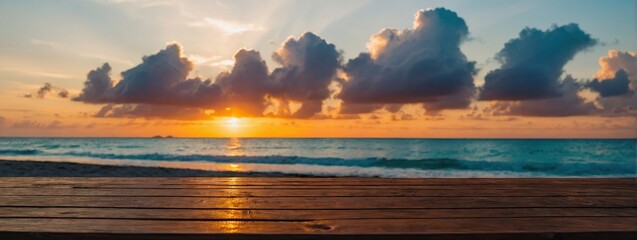 long wooden table with Beautiful bright sunset on a tropical paradise beach