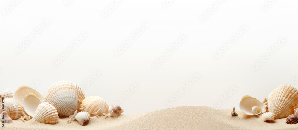 Poster A copy space image featuring a sandy background adorned with shells and ample white space for text