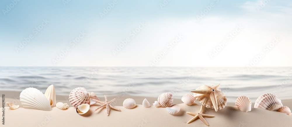 Poster A copy space image featuring a sandy background adorned with shells and ample white space for text