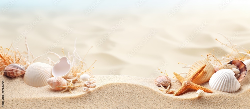Aufkleber A copy space image featuring a sandy background adorned with shells and ample white space for text