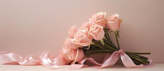 A bouquet of pink roses with a silky white ribbon set against a light beige background with horizontal copy space image