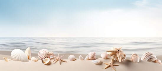 A copy space image featuring a sandy background adorned with shells and ample white space for text