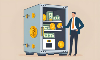 Diversified Investment Strategy with Cryptocurrency, Cash, and Gold in Secure Safe, Conceptual Business Illustration