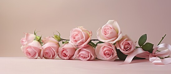 A bouquet of pink roses with a silky white ribbon set against a light beige background with horizontal copy space image