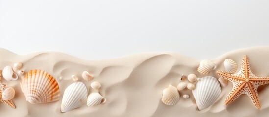 Fototapeta na wymiar A copy space image featuring a sandy background adorned with shells and ample white space for text