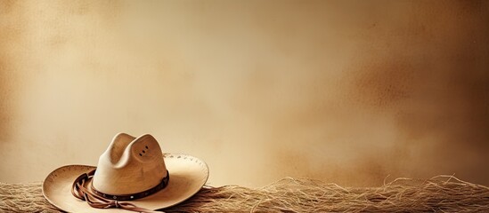 A cowhide with a light colored lariat rope and a straw cowboy hat placed on top creating a visually appealing copy space image - obrazy, fototapety, plakaty