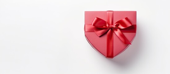 A copy space image featuring a heart shaped gift box seen from above resting on a white background