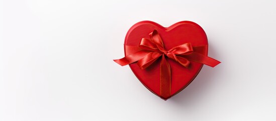 A copy space image featuring a heart shaped gift box seen from above resting on a white background