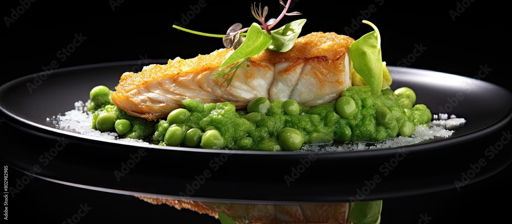 Poster a crispy ocean perch with a velvet snow peas puree and vibrant adamame ready for a photo shoot with 