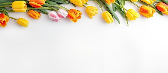 A bunch of tulips and mimosa flowers with a white background and space for text. with copy space image. Place for adding text or design