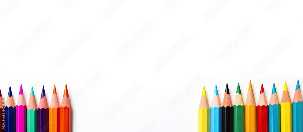 Poster a copy space image featuring colorful pens and stationery set against a white background