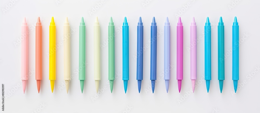 Poster a copy space image of a silver ballpen placed on a white background surrounded by colorful pastel st
