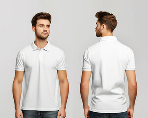 Front and back views of a man wearing a white polo shirt mockup template